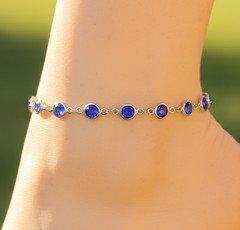 Silver Tone Anklet Minimalist Sapphire Blue Tone Stone Bezel Chain Anklet