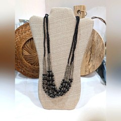 Layered Beaded Necklace Black Gray Silver Wood Acrylic Beads 28″