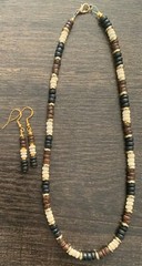 17″ Black, White, and Brown Wooden Disc Necklace and Earring Set