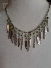 Paparazzi Silver Tone Metal Cable Chain Necklace Green Round Beads Feather Charm