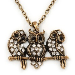 ‘Three Wise Owls’ Long Diamante Pendant Necklace In Burn Gold Metal – 62cm
