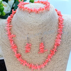 3-10mm Natural Irregular Pink Coral Chip Gems Necklace Bracelet Earring Set 18”