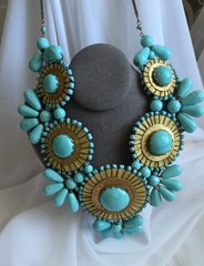 Southwestern Chunky Artisan Wired Turquoise Necklace Ceramic Bead Flowers 24-28″