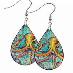 Pop Art Octopus Earrings Teardrop Wood Dangle Unique Statement Art Print Jewelry