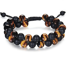 8mm Triple Protection Bracelet Natural Tiger Eye Black Onyx Lava Rock For Men