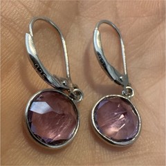 Sterling Silver Earrings Round Amethyst Drops Bezel