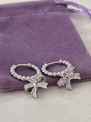925 Sterling Silver Bow Dangle Hoop Earrings Pink CZ Beaded Huggie Hoops