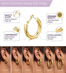 Gold Hoop Earrings for Women Chunky Hoops 14K Gold Plated Thick Hollow Tube Ligh
