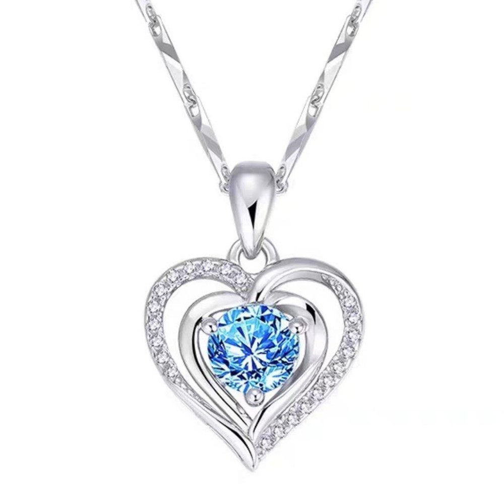 925 Sterling Silver Heart Necklace Blue Zircon Pendant for Women