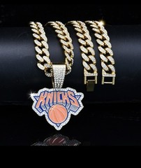 14K Gold Plated NY New York Knicks Large Charm Pendant Iced Cuban Chain Necklace