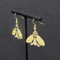 Moth Pierced Earrings Gold tone Yellow Black Enamel Dangle 3/4″