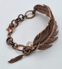 Copper Tone Feather Bracelet Adjustable 6 To 7.5 In Faux Pearl Dangle Charm Boho