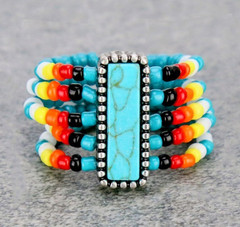Multicolor Beaded Stretch Bracelet Stackable w/ Turquoise Rectangle Bezel Stone