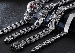 Mens Titanium Steel ID Bracelet Silver Cuban Link Chain Gothic Punk 21.5cm
