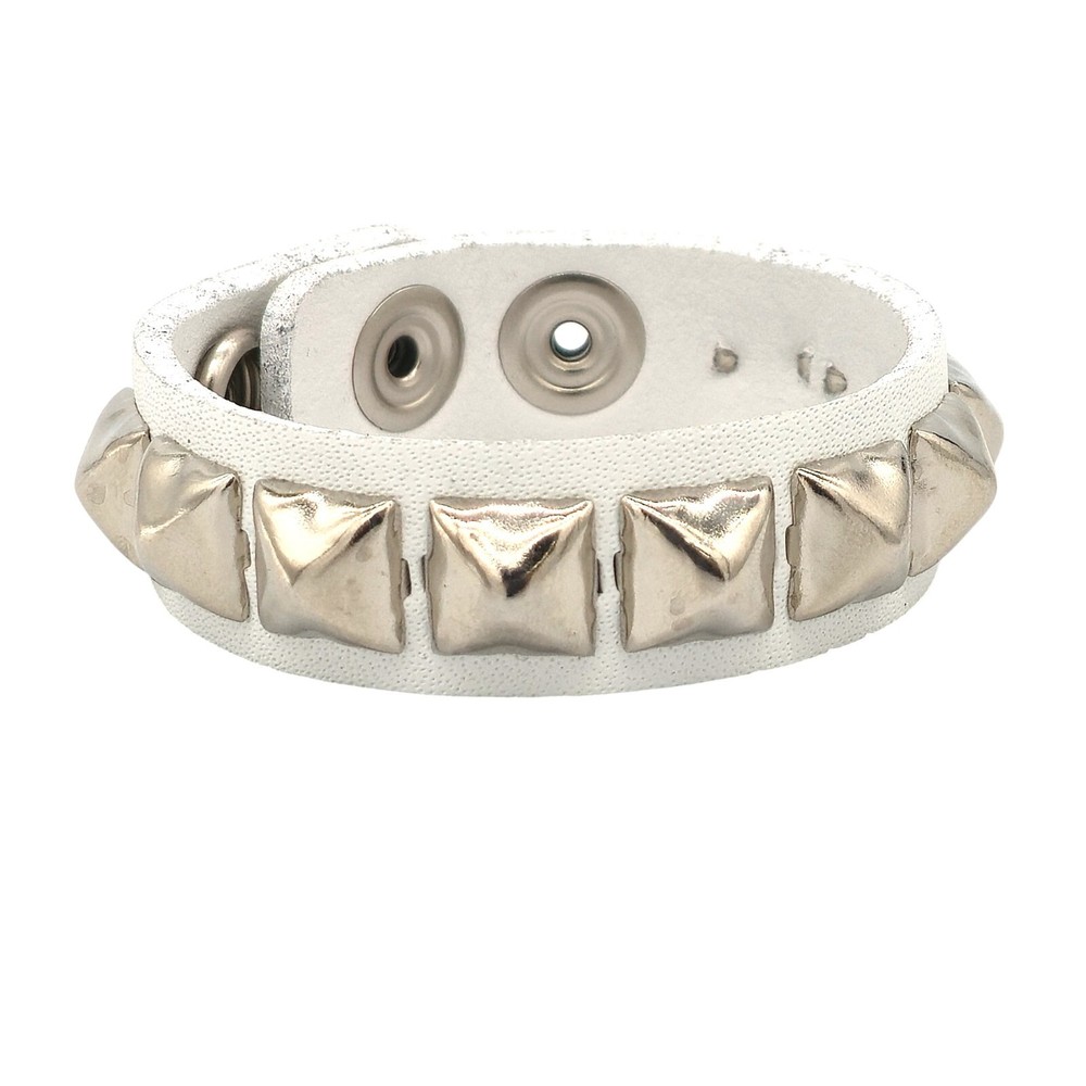 White Leather 1 Row Studded White Pyramid Stud Bracelet Punk Goth Wrist Cuff