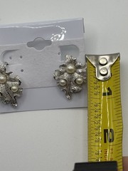 Trifari Silver Tone Leaf Clip-On Earrings White Imitation Pearl Signed 1 in