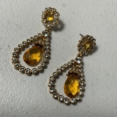 Elegant Gold Tone Dangle Earrings Pear Drop Amber Yellow & Clear Crystal