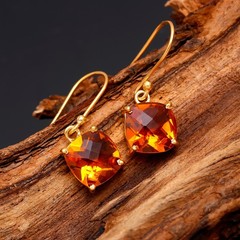 Natural Citrine Cushion Dangle Earrings Gold Plated 925 Sterling Silver Jewelry