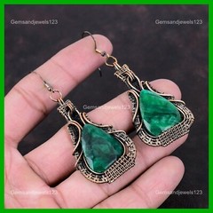 Natural Zambian Emrald Drop Handcrafted New Wire Wrapped Earrings Jewelry Copper