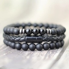 3pcs Men Bracelet Set Leather & 8mm Onyx Tiger Eye Stone Magnetic Clasp