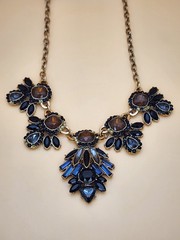 New LA MIA Signed Crystal Gold Tone Statement Necklace Brown Black Blue & Clear
