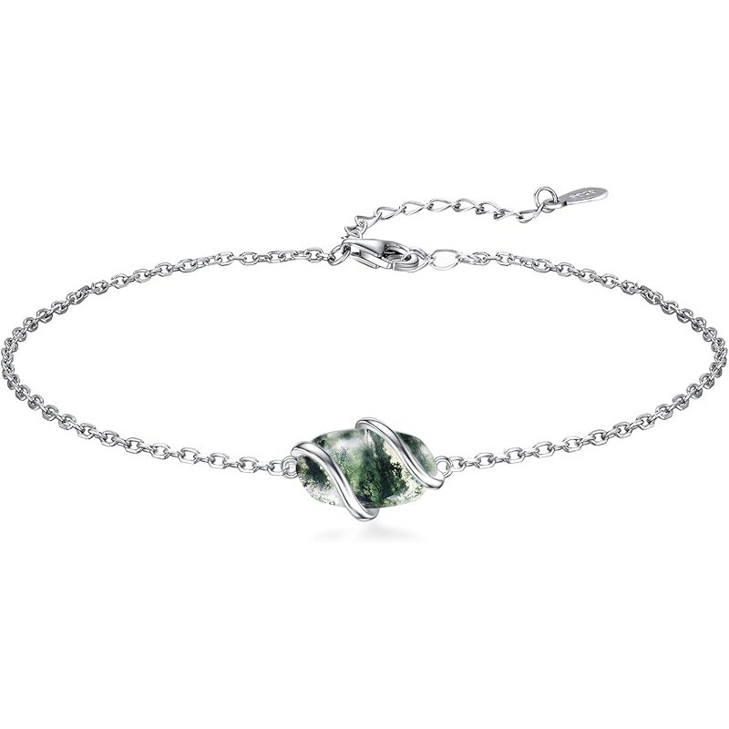 S925 Sterling Silver Ankle Chain With Moss Agate For Women Gift