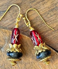 Etched Gold, Red and Blue African Glass Bead Earrings. Patriotic. Colorful