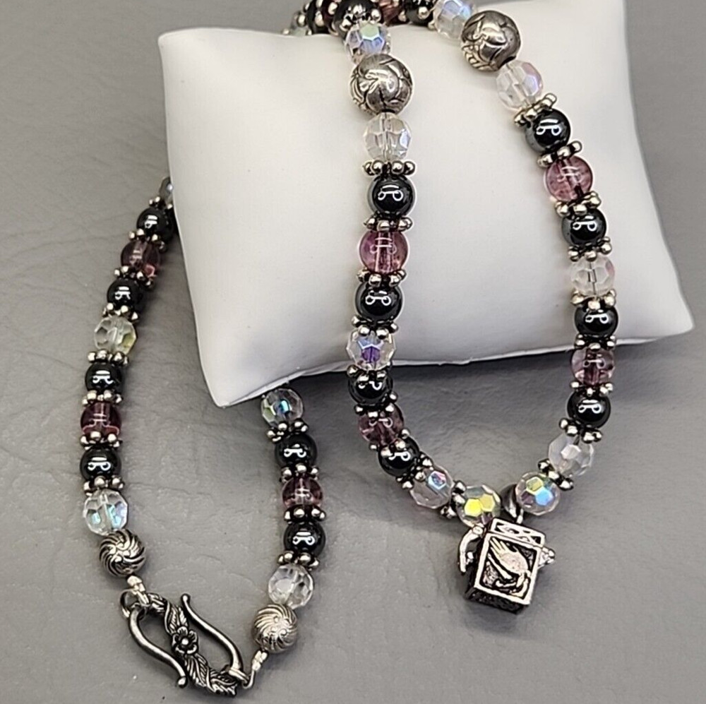 Prayer Box Beaded Necklace Purple Glass AB Clear Silver Tone 23 in