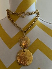 CHANEL 93P Signed Vintage Gold Logo Double Disk Necklace Made in France