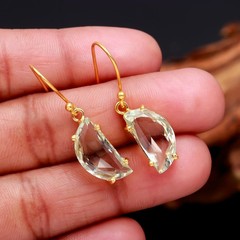 Natural Green Amethyst Half Moon Dangle Earring Gold Plated Solid Silver Jewelry