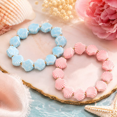 2PCS Ceramic Shell Beaded Stretch Bracelet Beach Ocean Coastal Blue Pink Women