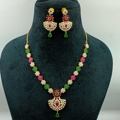 Ethnic 22K Gold Plated Kemp Ruby Emerald & Pearl Necklace Jewelry For Women