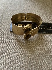 Gold Tone Hinged Stackable Cuff Bracelet 2 Oval Brown Cabochon Bezel