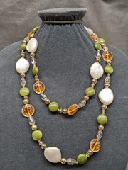 Long Beaded Necklace Green Amber White Gold Tone Lucite Acrylic Plastic ~46″