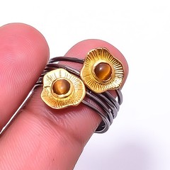 Yellow Tiger Eye Black And Gold Plated 925 Sterling Silver Ring s.7 Sku4