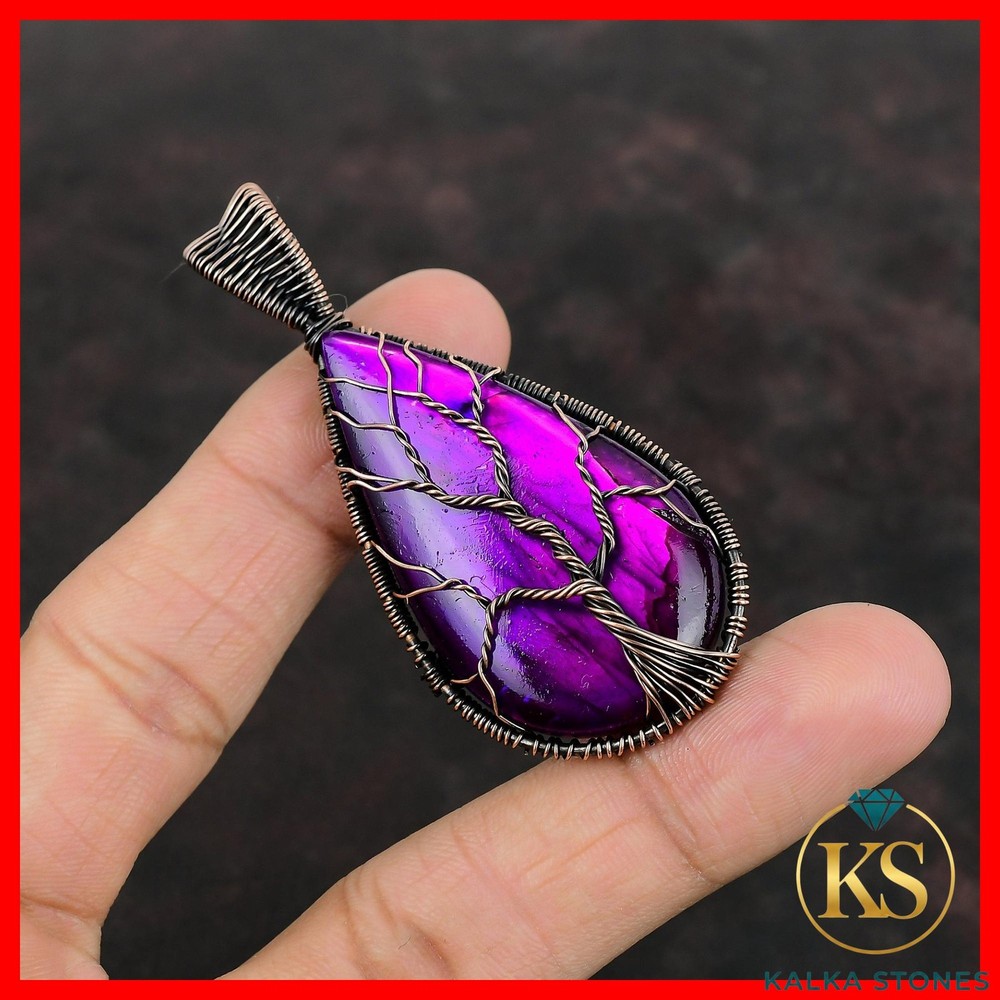Pink Fire Labradorite Stone Copper Tree Of Life And Wire Wrapped Sister Pendant