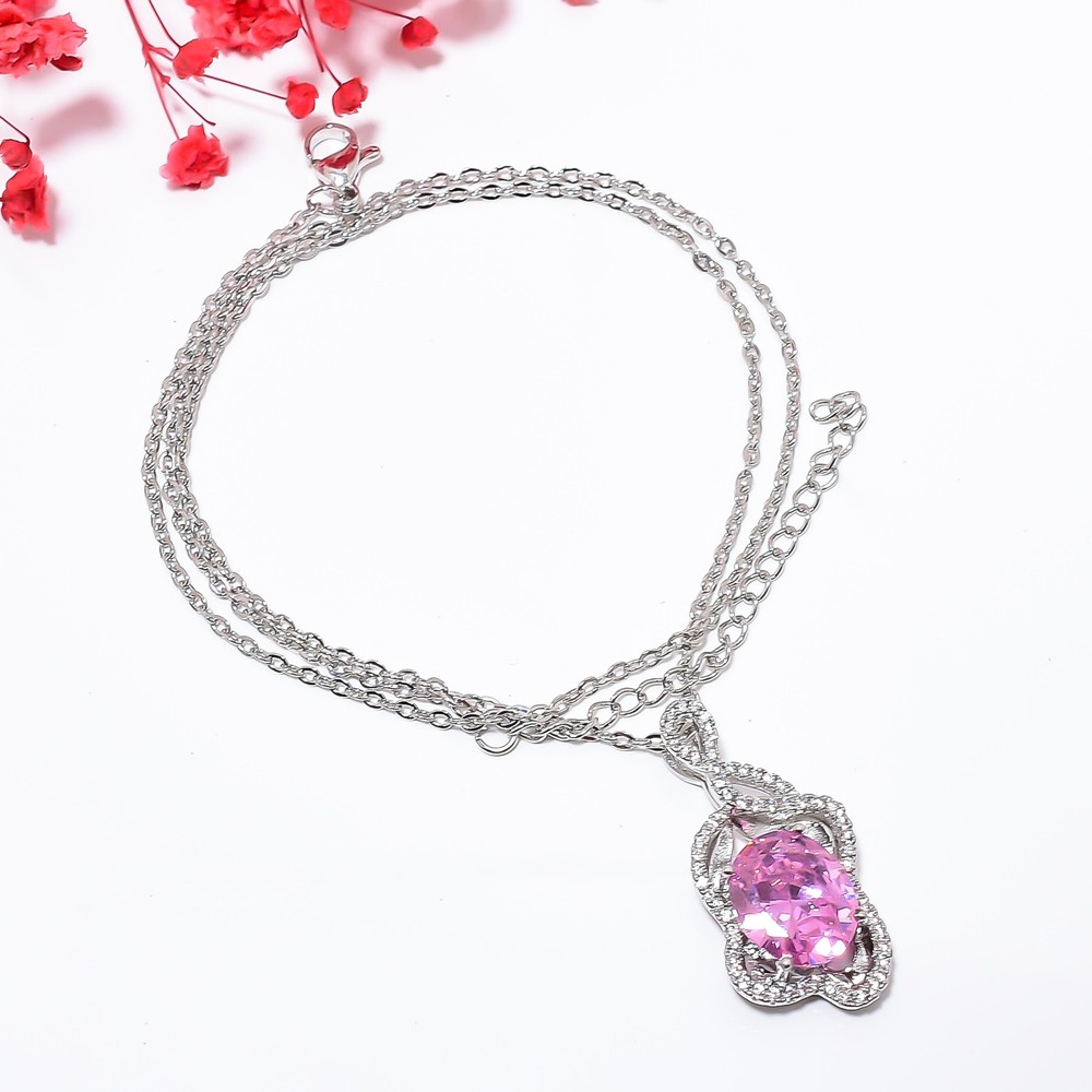 Pink Sapphire Simulated & Cz 925 Silver Pendant With Chain 18-20″ CP50612