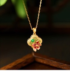 Jade Carved Flower Pendant Necklace Charm 18K Gold Plated Chain Dainty Gemstone