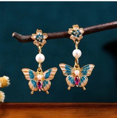 Pearl Gemstone Drop Dangle Earrings Butterfly Flower Bohemian 18K Gold Plated.