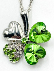 Silver Tone Shamrock Clover Pendant Necklace with Green Crystals St Patrick’s