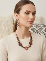 Brown Round Disc Necklace & Drop Earrings Jewelry Set, Plastic