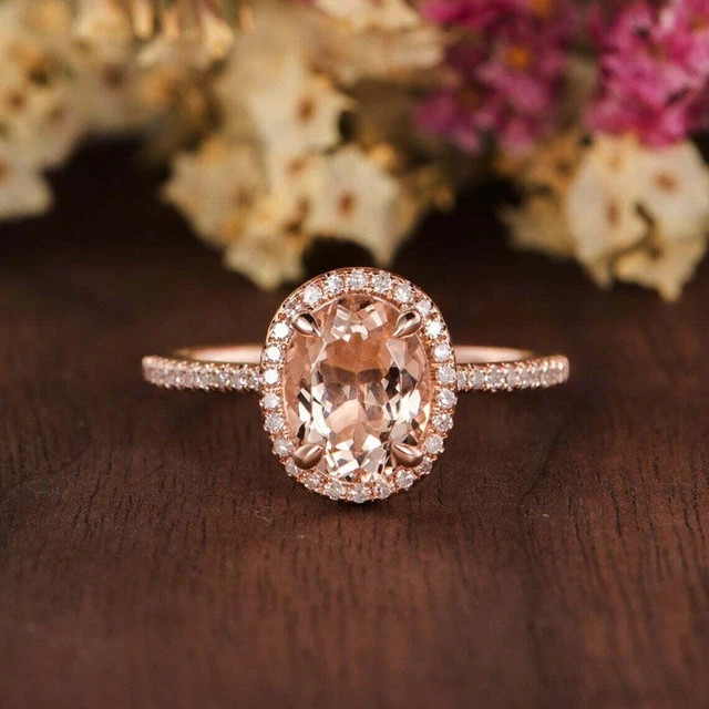 1.50Ct Oval Cut Morganite Simulated Diamond Wedding Ring 14K Rose Gold finish