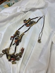 Brown Cord Beaded Statement Necklace Gold Tone Coin Charms Lobster Clasp