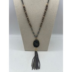 Gray Agate Slice Tassel Pendant Necklace Boho Statement Long Beaded Gray Stone