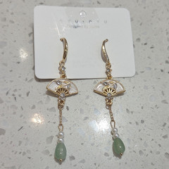 Gold Tone Fan Dangle/Drop Earrings with Green & White Beads, Hook, Lobe