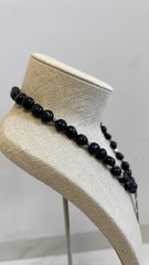 black onyx statement necklace large floral pendant, silver and gold beads, used