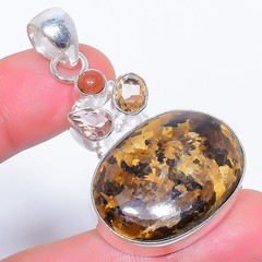 Bronzite Jasper & Morgani & Golden Sunstone 925 Silver Plated Pendant 2.0″ W25