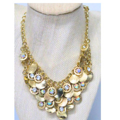 Gold Tone Crystal Coin Statement Bib Necklace AB Rhinestones Adjustable