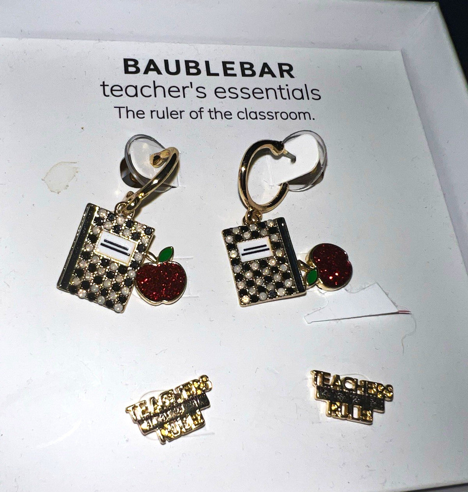 BaubleBar Teacher Apple Notebook Enamel Rhinestone Asymmetrical Dangle Earrings