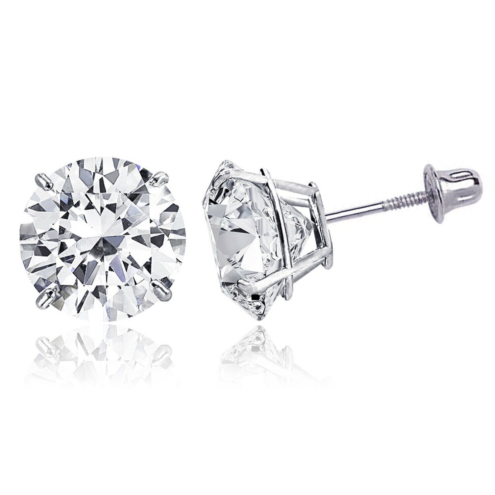 14K Solid Gold Round Solitaire Cubic Zirconia Men Women Ear Stud Earring 2mm-8mm